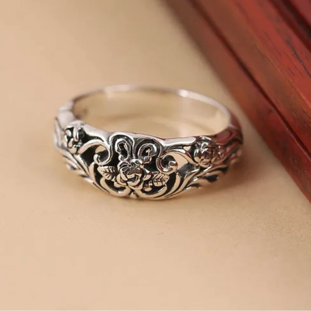 925 Silver plated vintage rose ring